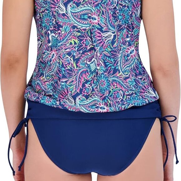 CARIBBEAN JOE BLUE PINK FLORAL RUCHED HIGH-CUT TANKINI 2-PC SET SIZE 12 NWT - Picture 4 of 12